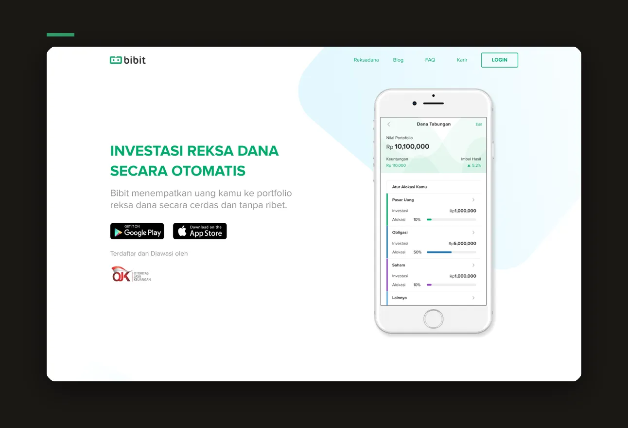 The Bibit landing page we started from: a single hero, an app screenshot, and store badges, with little room to explain the product to a first-time investor.