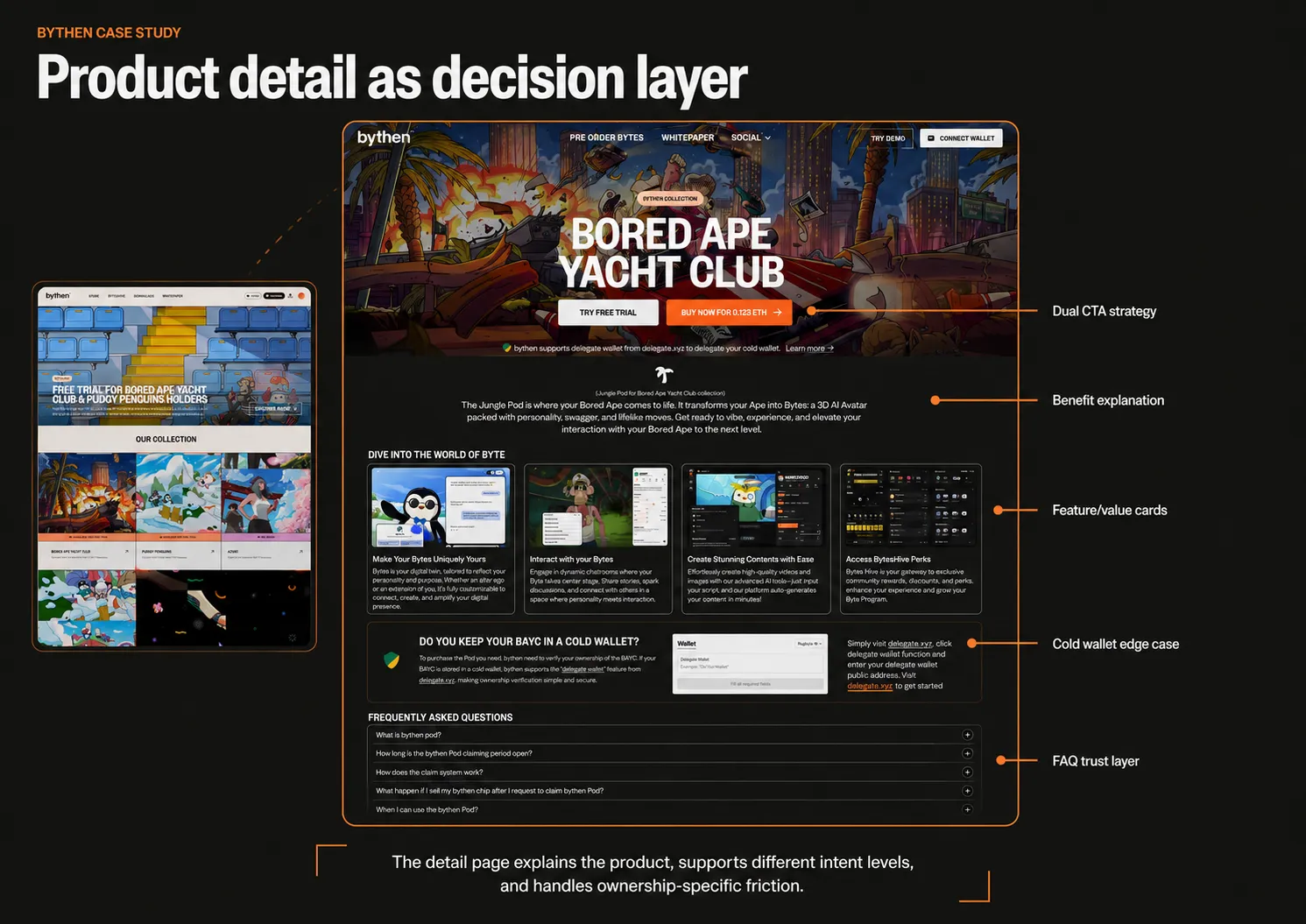 Product detail page broken down as the decision layer: dual CTA, benefit explanation, feature and value cards, cold wallet edge case, FAQ trust layer.
